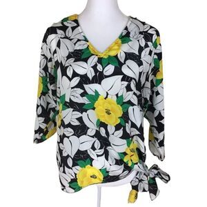 Vintage Teddi Of California 70’s Yellow White Floral 3/4 Sleeve Blouse Size 10